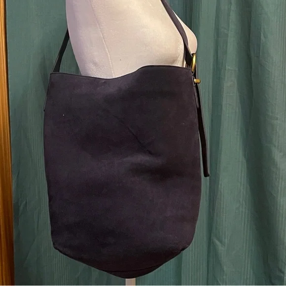 Navy Suede Shoulder Bucket Bag - Picture 1 of 4